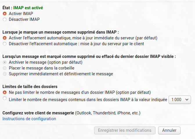 Interface Gmail pour l'accès IMAP