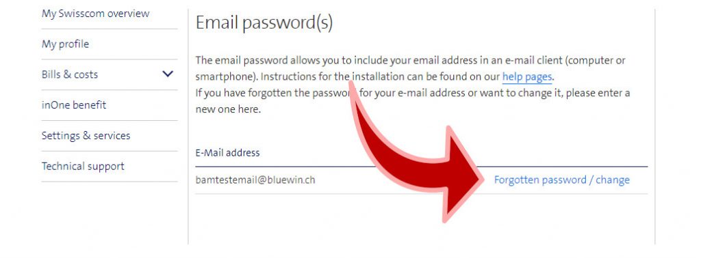 User interface email settings on Bluewin.ch