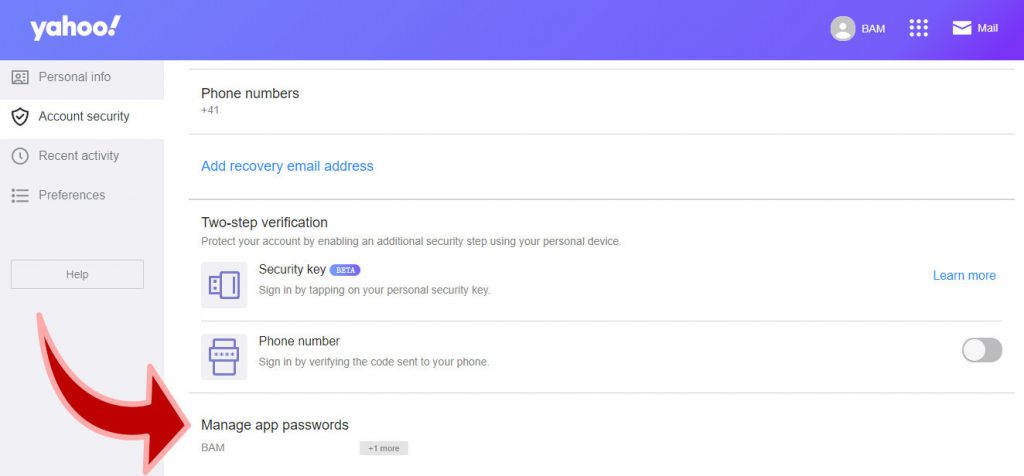 User interface email settings on Yahoo.de