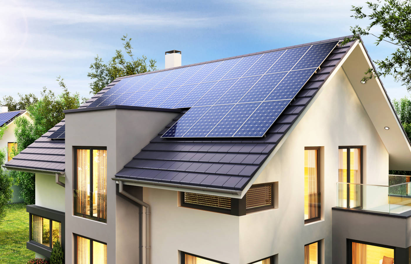 A house with solar energy systems reduces energy consumption